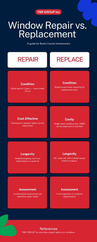 Infographic comparing window repair vs replacement for Bucks County PA homeowners: repair when seal fails on one pane or hardware fails; replace when frame is rotted, windows are single-pane pre-1985, or 25-plus years old with multiple issues