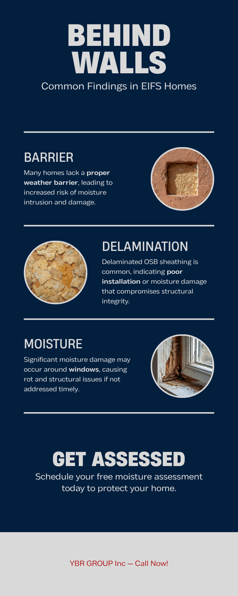 Stucco Removal in Bucks County PA: What It Costs and What to Expect 1 Infographic showing three common stucco removal findings in Bucks County EIFS homes: missing weather barrier, delaminated OSB sheathing, and moisture damage at windows