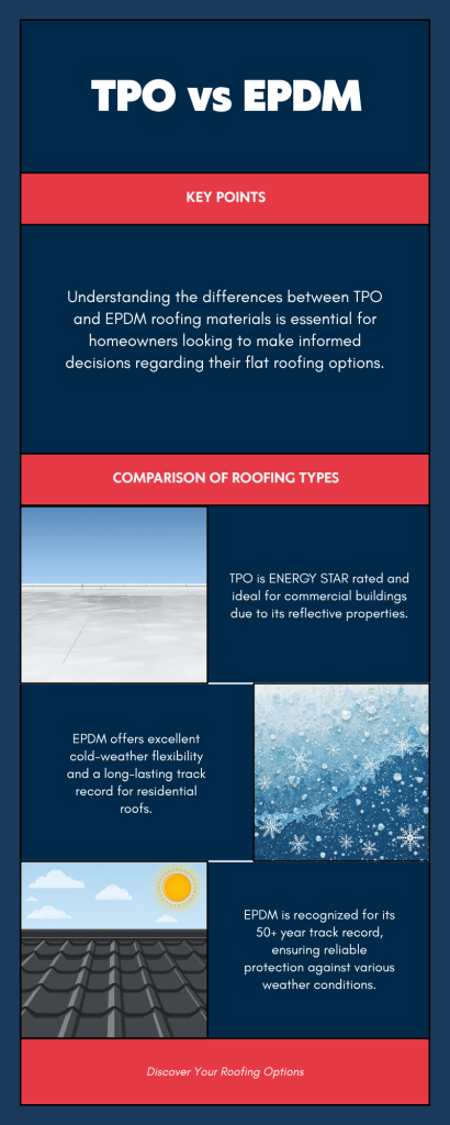 TPO vs EPDM flat roofing comparison infographic for Pennsylvania buildings — key differences, lifespan, and performance in Bucks County climate