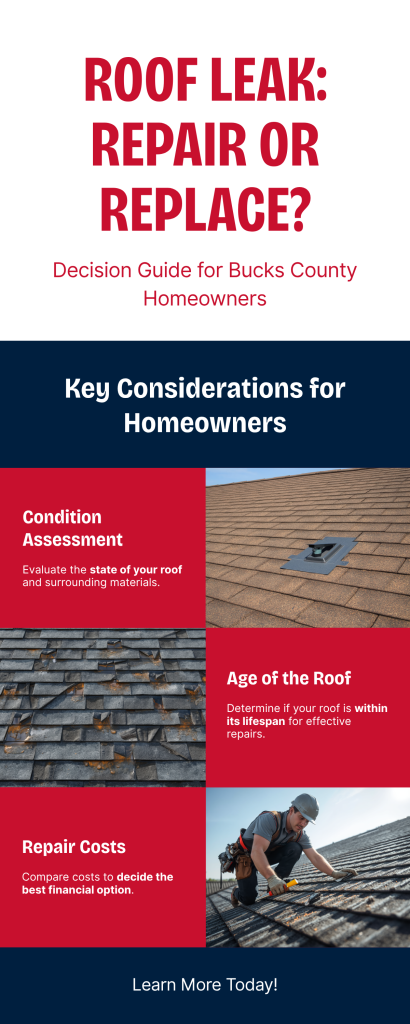 Infographic: Roof leak repair vs replacement decision guide for Bucks County PA homeowners — covers condition assessment, roof age, and repair cost thresholds — YBR GROUP