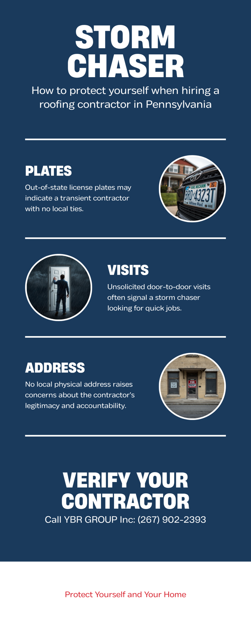 How to Choose a Roofing Contractor in Bucks County PA (And Avoid Storm Chasers) 1 Infographic showing storm chaser red flags for Bucks County PA homeowners — out-of-state license plates, unsolicited door visits, no local address — with YBR GROUP Inc contact information