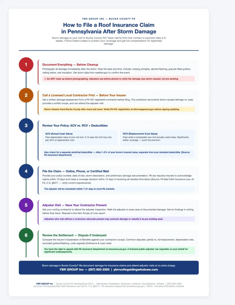 6-step roof insurance claim process infographic for Pennsylvania — YBR Roofing