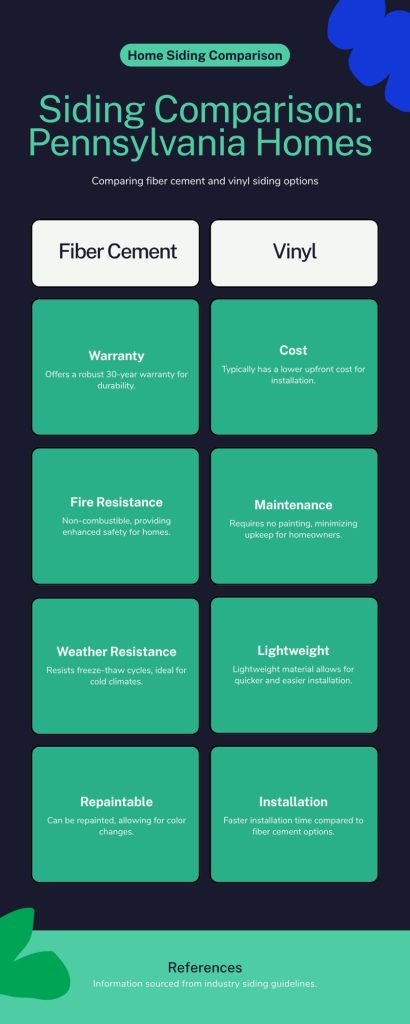 Side-by-side comparison of fiber cement and vinyl siding for Pennsylvania homes covering warranty, fire resistance, weather resistance, cost, maintenance, and installation