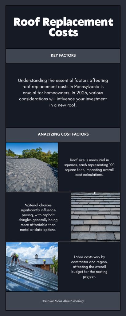 Infographic showing key factors affecting roof replacement costs in Bucks County PA: roof size in squares, material type, and labor costs