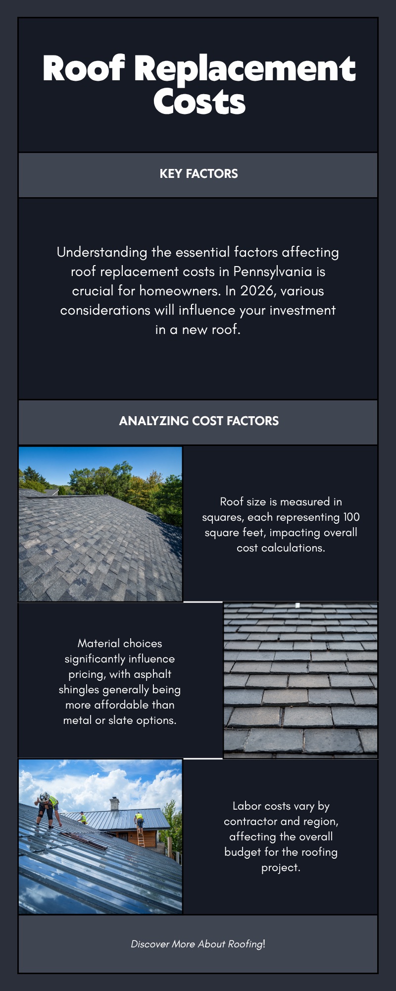 Roof Replacement Cost in Bucks County, PA: 2026 Pricing Guide 1 Infographic showing key factors affecting roof replacement costs in Bucks County PA: roof size in squares, material type, and labor costs