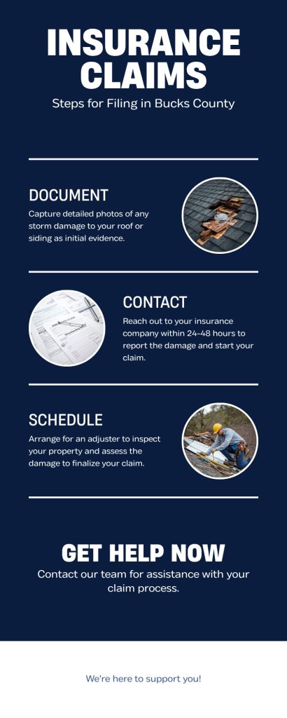 Insurance claims filing steps for Bucks County PA homeowners — document damage, contact insurer, schedule adjuster