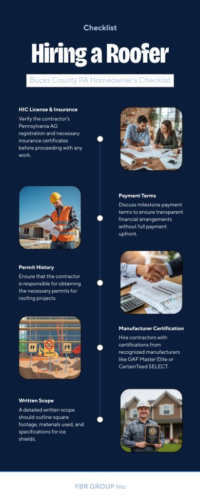 Infographic: 5 checks before hiring a roofing contractor in Bucks County PA — HIC license and insurance, permit history, written scope, payment terms, and manufacturer certification — YBR GROUP