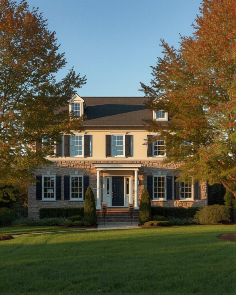 Stone veneer and stucco siding on a Pennsylvania colonial home exterior