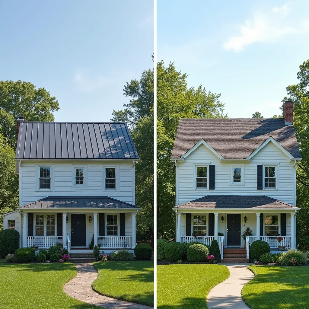 Side by side comparison of a standing seam metal roof and an architectural asphalt shingle roof on Pennsylvania homes