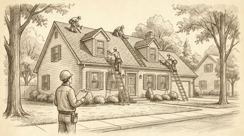 Pencil sketch of a roofing crew replacing asphalt shingles on a suburban Pennsylvania home while a township building inspector reviews a clipboard on the lawn