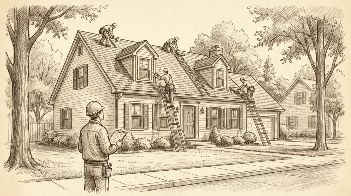 Do You Need a Permit for a New Roof in Bucks County 1 Pencil sketch of a roofing crew replacing asphalt shingles on a suburban Pennsylvania home while a township building inspector reviews a clipboard on the lawn